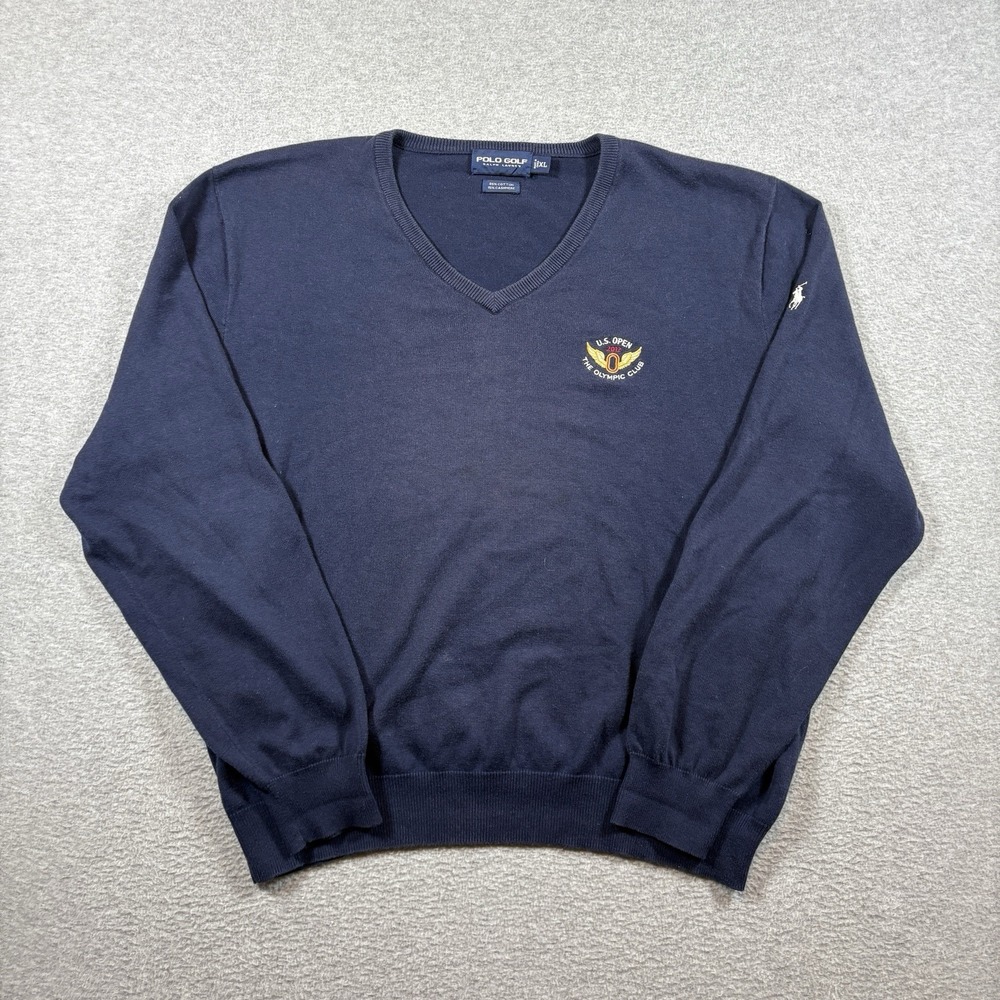Polo Golf Ralph Lauren V-Neck Sweater Mens XL Navy Blue Cashmere 2012 US Open